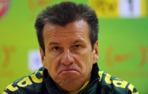 Brazil coach Dunga speaks during a press conference after the training session at the Emirates Stadium, London.