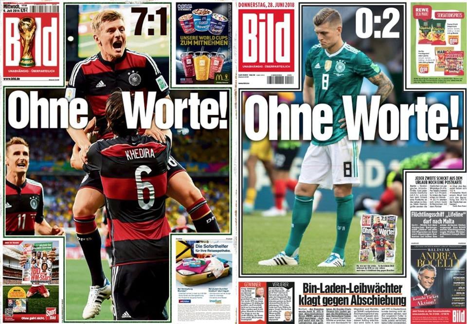 Manchetes do jornal alemão “Bild”, no 7x1 sobre o Brasil pela Copa 2014 e o 0x2 para a Coréia na Copa 2014: “sem palavras”