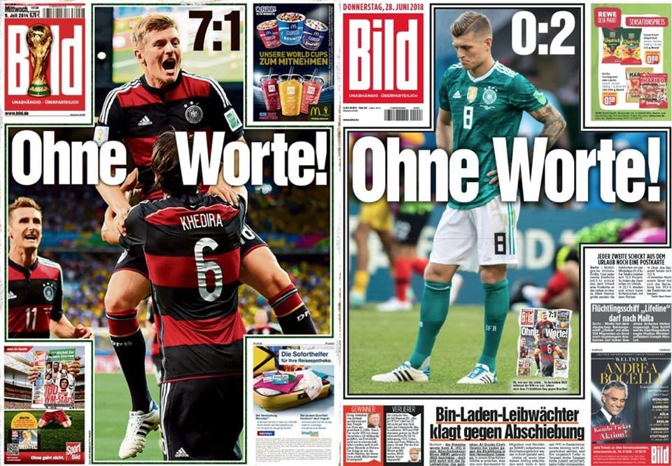 Manchetes do jornal alemão “Bild”, no 7x1 sobre o Brasil pela Copa 2014 e o 0x2 para a Coréia na Copa 2014: “sem palavras”