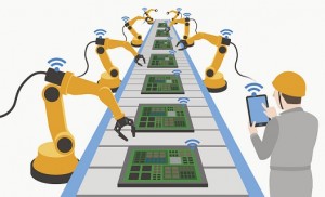 robot hands and conveyor belt, controlled by engineer