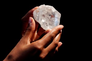 FILE PHOTO: A model displays the 1109 carat "Lesedi La Rona" diamond at Sotheby's in the Manhattan borough of New York